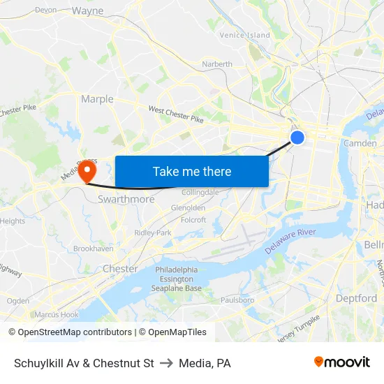 Schuylkill Av & Chestnut St to Media, PA map