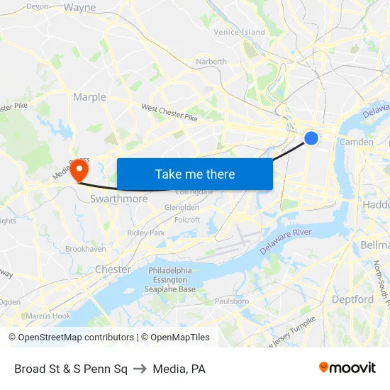 Broad St & S Penn Sq to Media, PA map