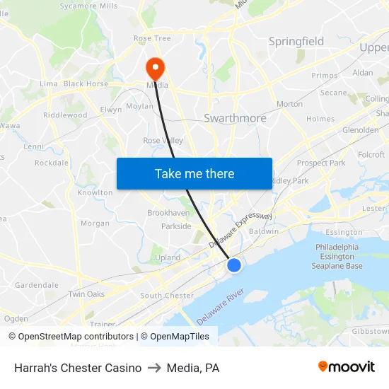 Harrah's Chester Casino to Media, PA map