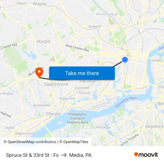 Spruce St & 33rd St - Fs to Media, PA map