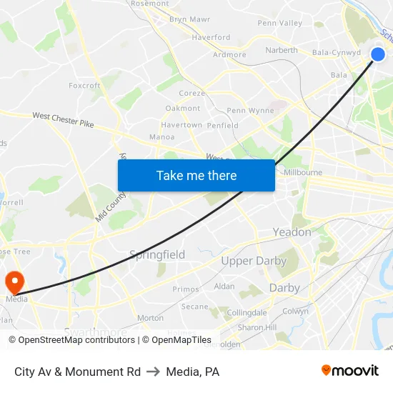City Av & Monument Rd to Media, PA map