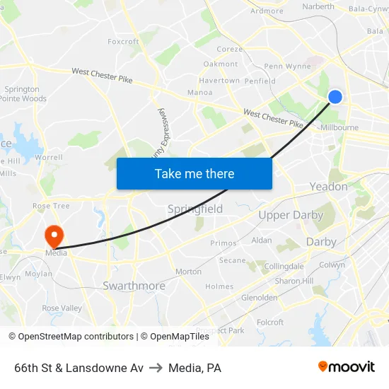66th St & Lansdowne Av to Media, PA map
