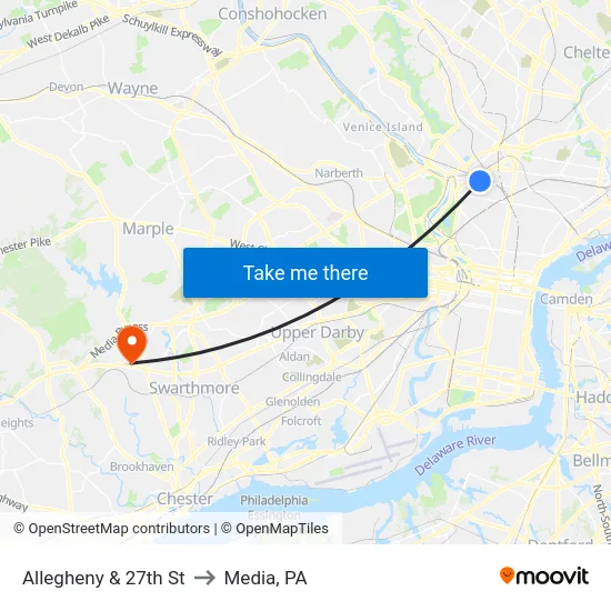 Allegheny & 27th St to Media, PA map