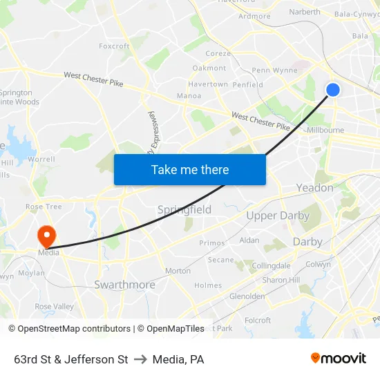 63rd St & Jefferson St to Media, PA map