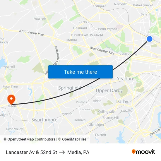 Lancaster Av & 52nd St to Media, PA map