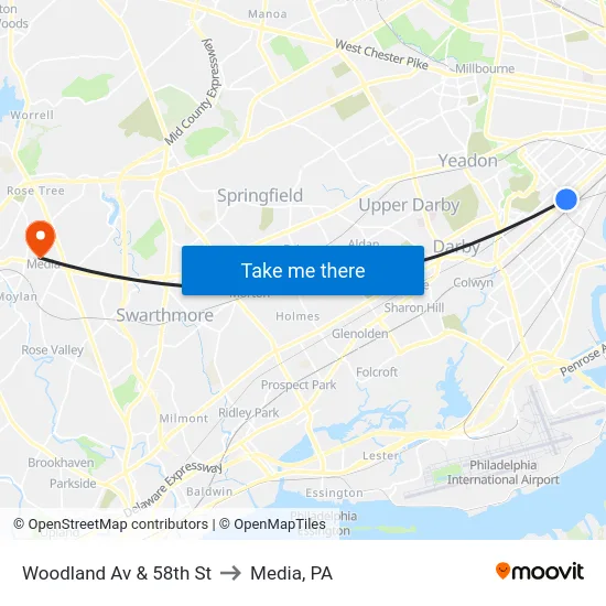 Woodland Av & 58th St to Media, PA map