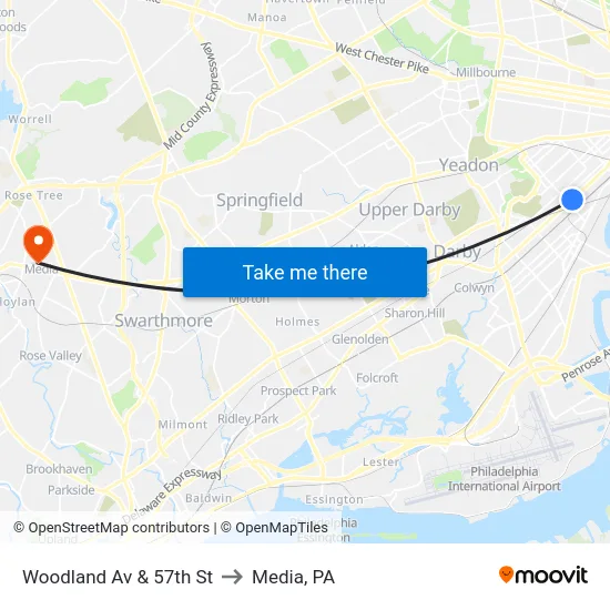 Woodland Av & 57th St to Media, PA map