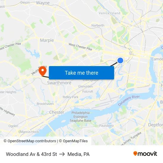 Woodland Av & 43rd St to Media, PA map