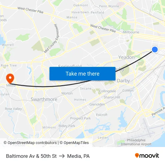 Baltimore Av & 50th St to Media, PA map