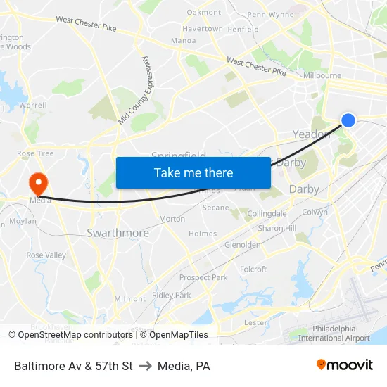 Baltimore Av & 57th St to Media, PA map