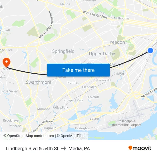 Lindbergh Blvd & 54th St to Media, PA map