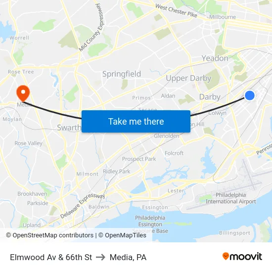 Elmwood Av & 66th St to Media, PA map
