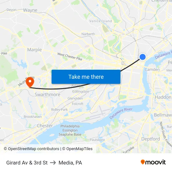 Girard Av & 3rd St to Media, PA map