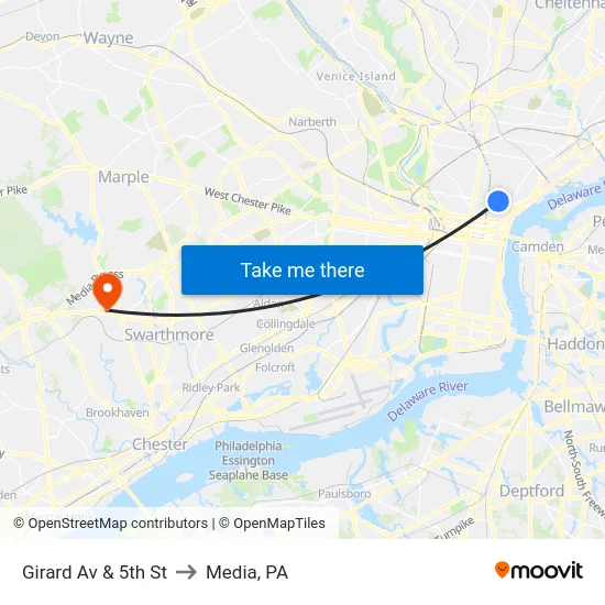 Girard Av & 5th St to Media, PA map