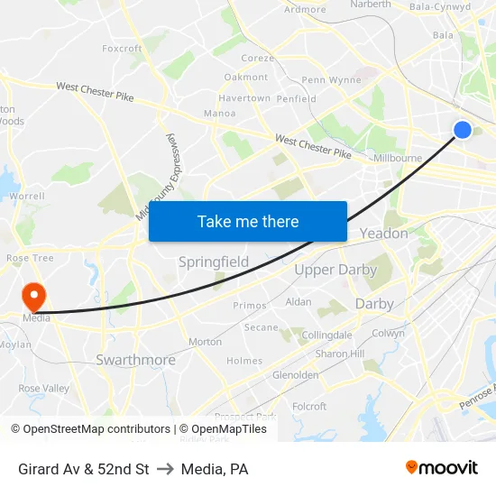 Girard Av & 52nd St to Media, PA map