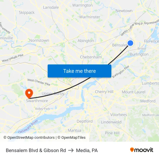 Bensalem Blvd & Gibson Rd to Media, PA map