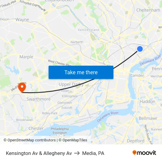 Kensington Av & Allegheny Av to Media, PA map