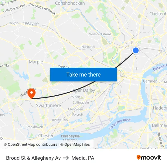 Broad St & Allegheny Av to Media, PA map