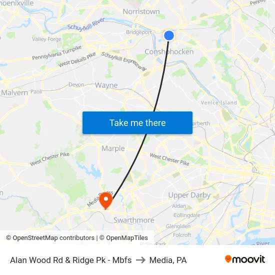 Alan Wood Rd & Ridge Pk - Mbfs to Media, PA map