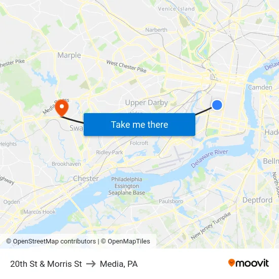 20th St & Morris St to Media, PA map