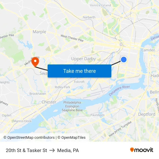 20th St & Tasker St to Media, PA map
