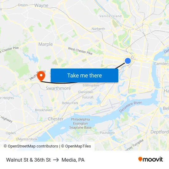 Walnut St & 36th St to Media, PA map