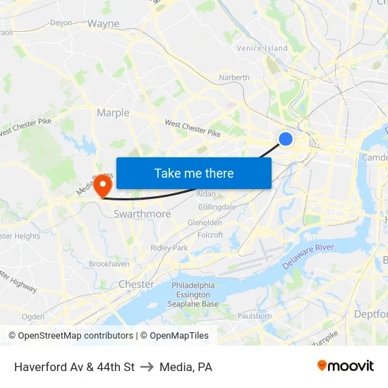 Haverford Av & 44th St to Media, PA map