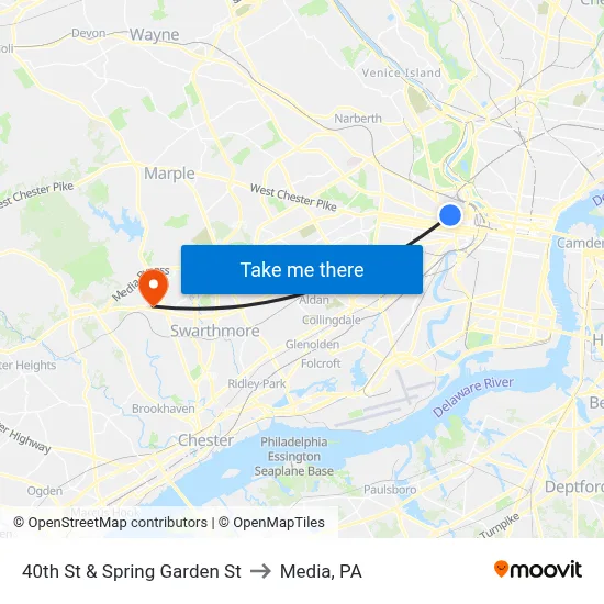 40th St & Spring Garden St to Media, PA map