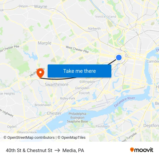 40th St & Chestnut St to Media, PA map