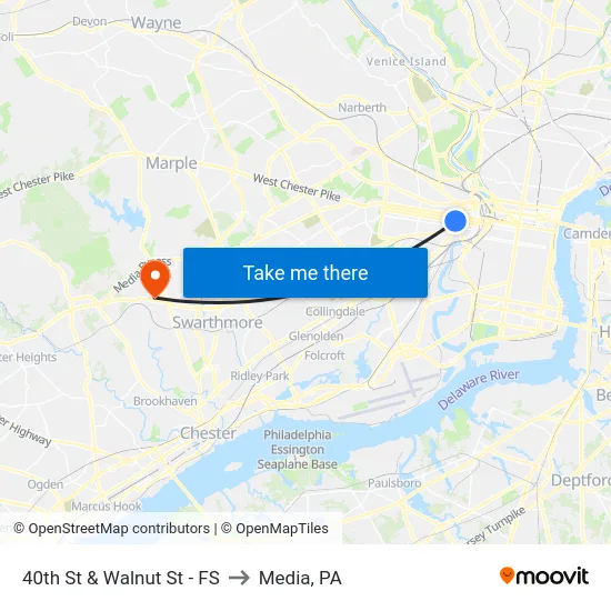 40th St & Walnut St - FS to Media, PA map