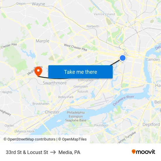 33rd St & Locust St to Media, PA map
