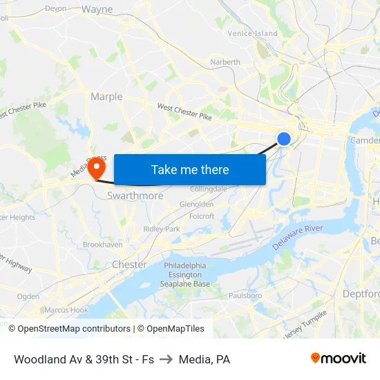 Woodland Av & 39th St - Fs to Media, PA map