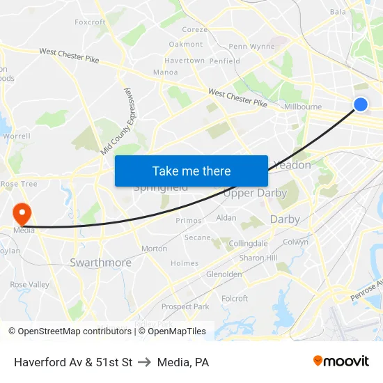 Haverford Av & 51st St to Media, PA map