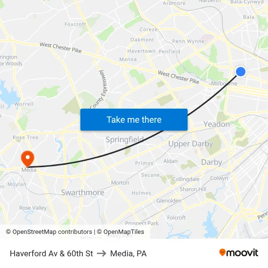 Haverford Av & 60th St to Media, PA map