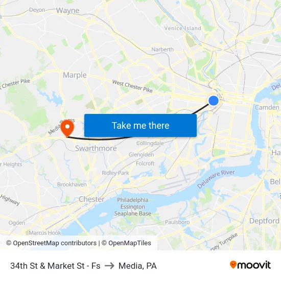34th St & Market St - Fs to Media, PA map