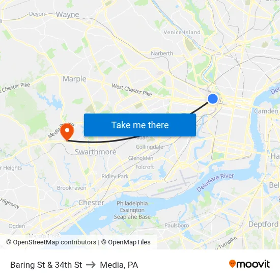Baring St & 34th St to Media, PA map
