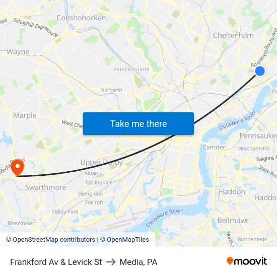 Frankford Av & Levick St to Media, PA map