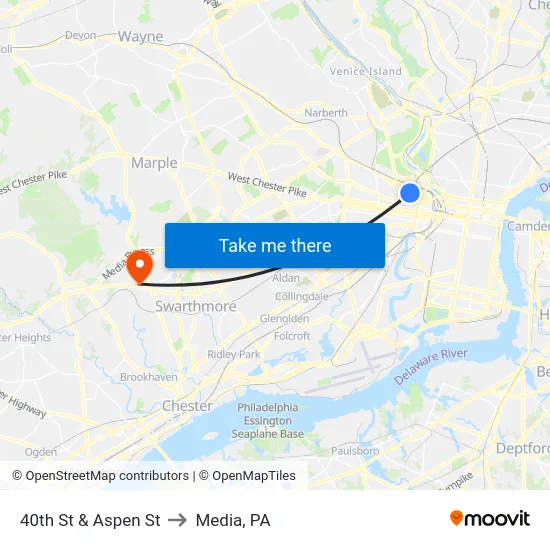 40th St & Aspen St to Media, PA map