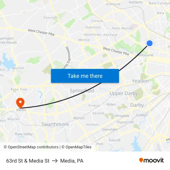 63rd St & Media St to Media, PA map