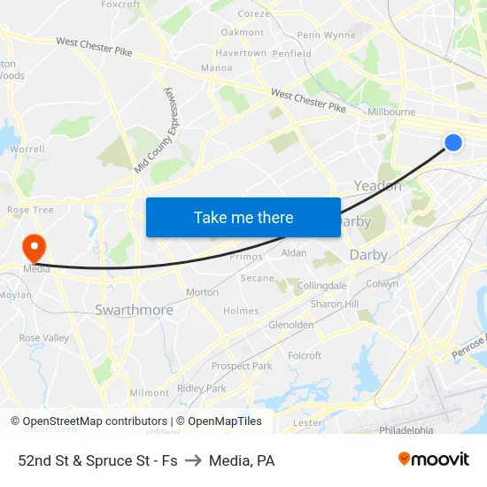 52nd St & Spruce St - Fs to Media, PA map