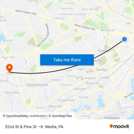 52nd St & Pine St to Media, PA map