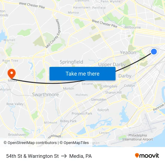 54th St & Warrington St to Media, PA map