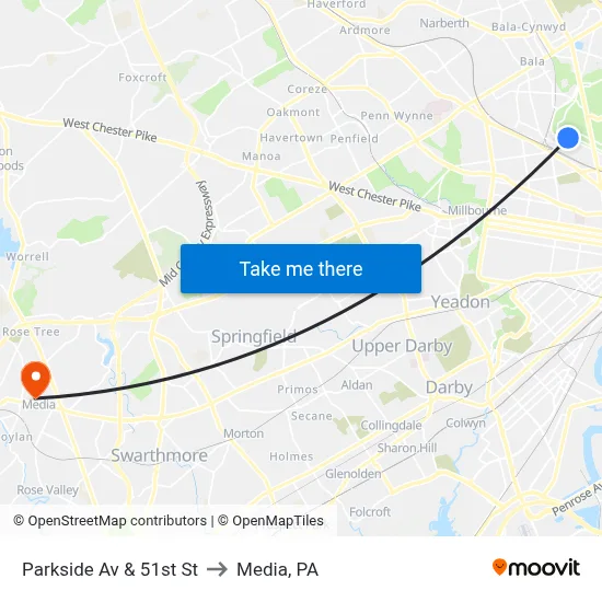 Parkside Av & 51st St to Media, PA map