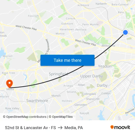 52nd St & Lancaster Av - FS to Media, PA map