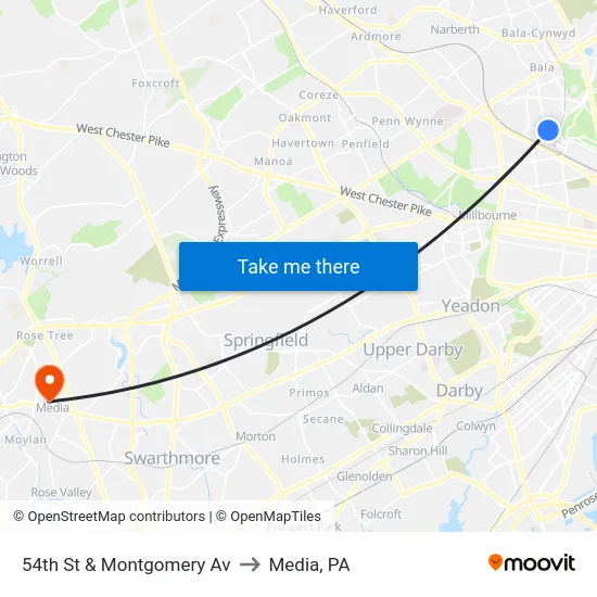 54th St & Montgomery Av to Media, PA map