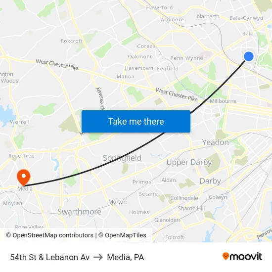 54th St & Lebanon Av to Media, PA map