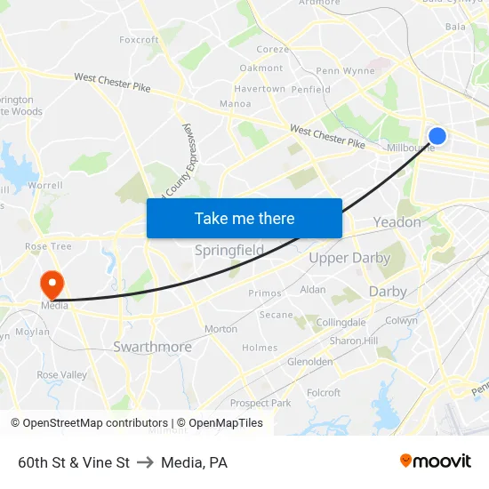 60th St & Vine St to Media, PA map