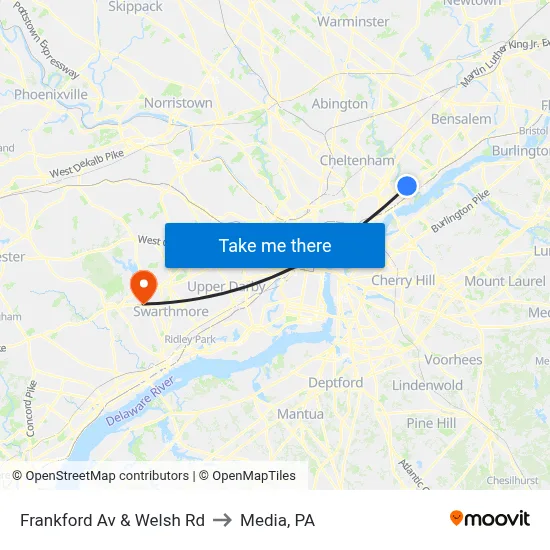 Frankford Av & Welsh Rd to Media, PA map