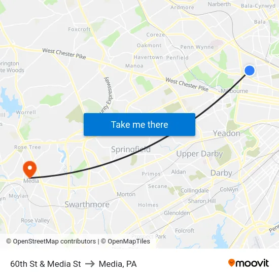 60th St & Media St to Media, PA map