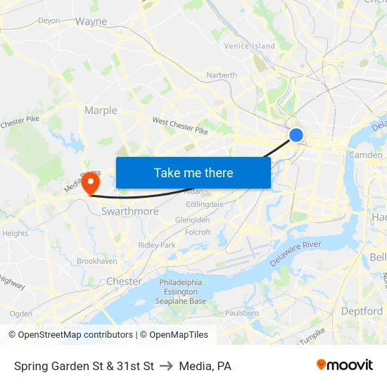 Spring Garden St & 31st St to Media, PA map